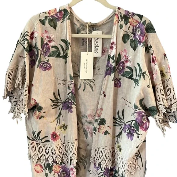 Pure linen beautiful cream floral kimono type shirt one size fits most - Picture 2 of 6